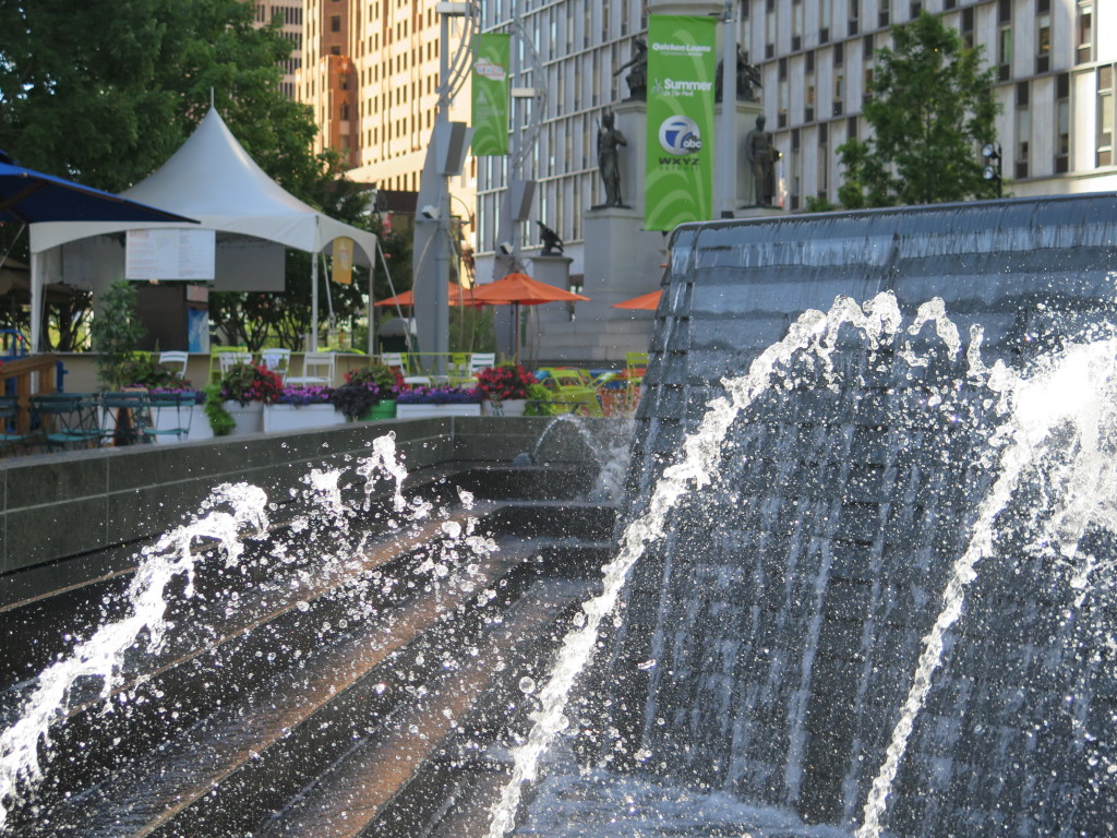 The fountain at  Campus Martius in downtown Detroit symbolizes the city's location amid ample freshwater resources in the Great Lakes region of the United States. Water shutoffs for thousands of Detroit residents are not the result of scarcity. They are the culmination of urban deterioration, job loss, declining population, and mismanagement. Photo/Keith Schneider