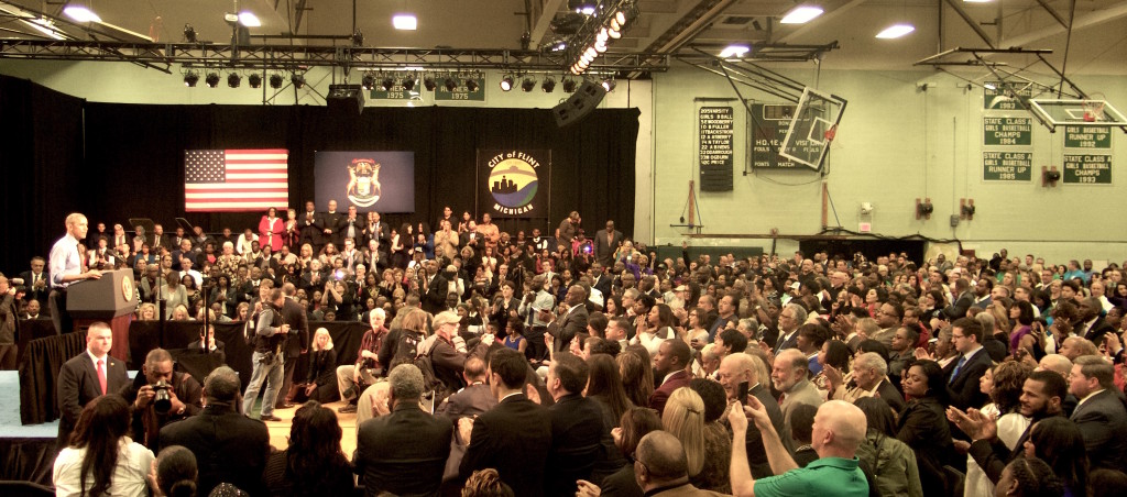 President's listeners in Flint's Northwestern High School gymnasium. Photo/Keith Schneider