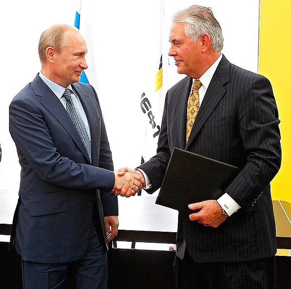 Vladimir Putin (l), president of the Russian Federation, and Rex Tillerson, ExxonMobil's chairman and Secretary of State nominee, will try to stabilize energy markets to aid oil prices. 